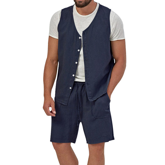 Herren nan zweiteiliges Freizeit-Set mit ärmelloser Knopfweste und weiten Kordelzug-Shorts mit aufgesetzten Taschen R&B
