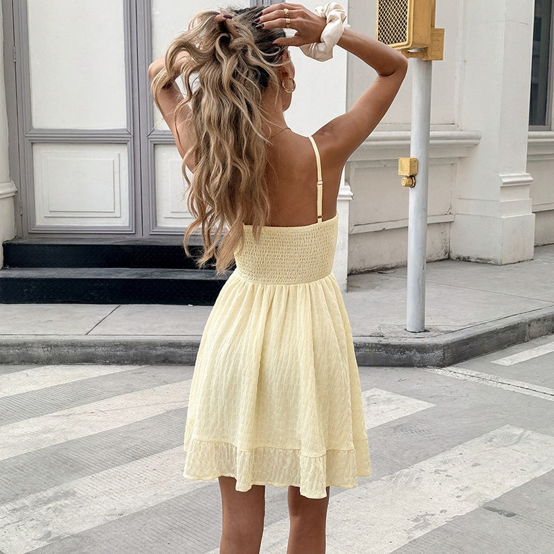 Damen Sommerliches A-Linien Kleid mit feinen Spaghettiträgern und gerafftem Oberteil R&B