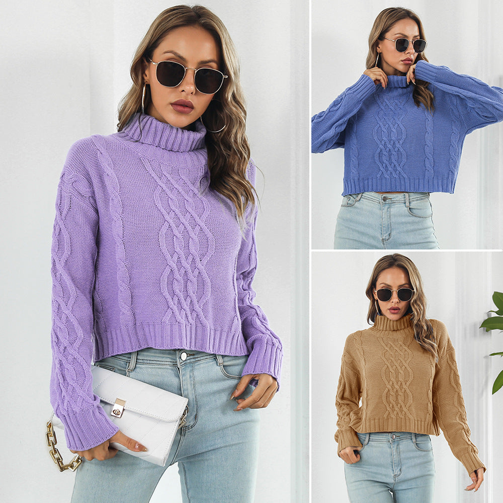 Damen Grobstrickpullover mit hohem Kragen und Zopfmuster R&B