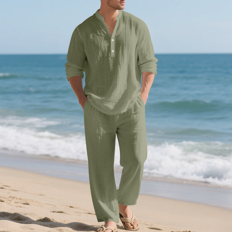 Herren komfortables Homewear-Set mit eleganter Knopfleiste und langen Hosen R&B