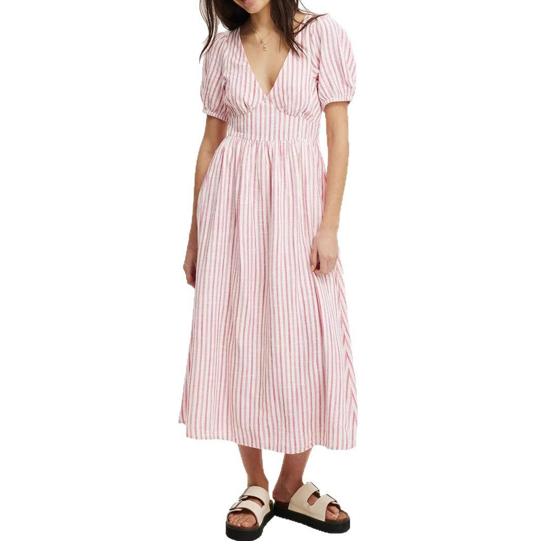 Damen Maxikleid mit V-Ausschnitt und Puffärmeln R&B