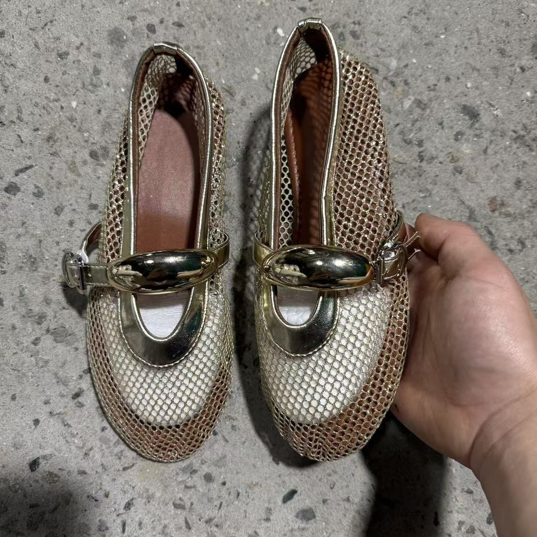 Damen elegante Netzschuhe mit goldenen Schnallen R&B