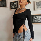Damen Eleganter langärmeliger Bodysuit mit gerafften Seitenteilen und tiefem Ausschnitt