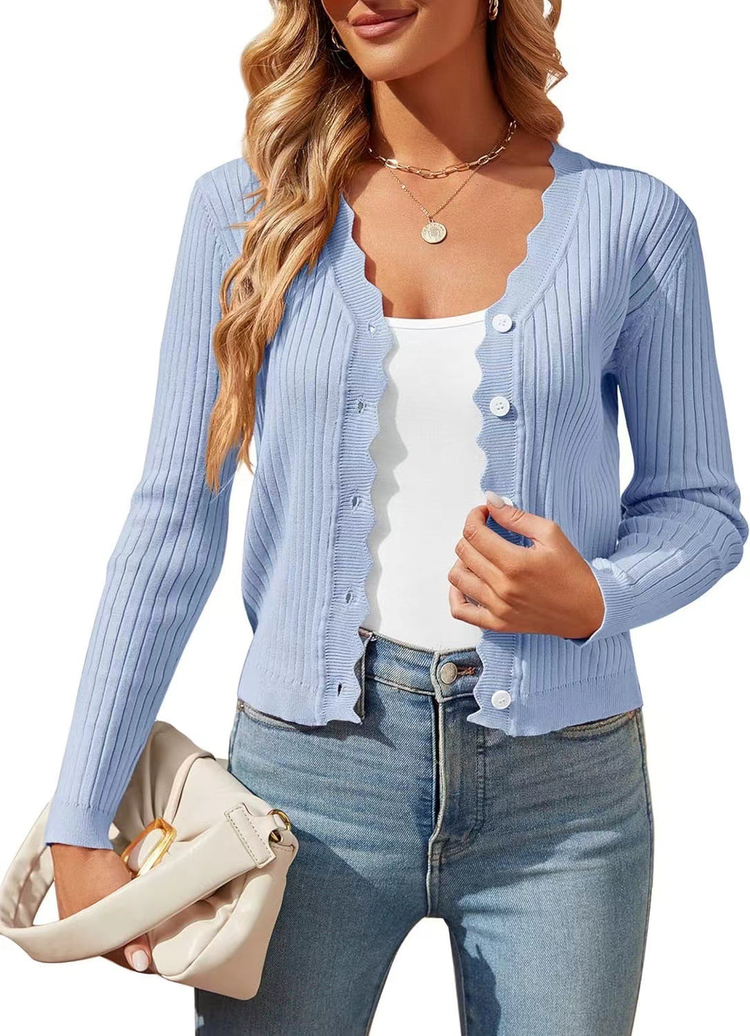 Damen elegante Strickjacke mit Wellenkante R&B