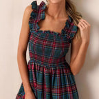 Damen Maxikleid mit voluminösen Rüschendetails und klassischen Karo-Muster R&B