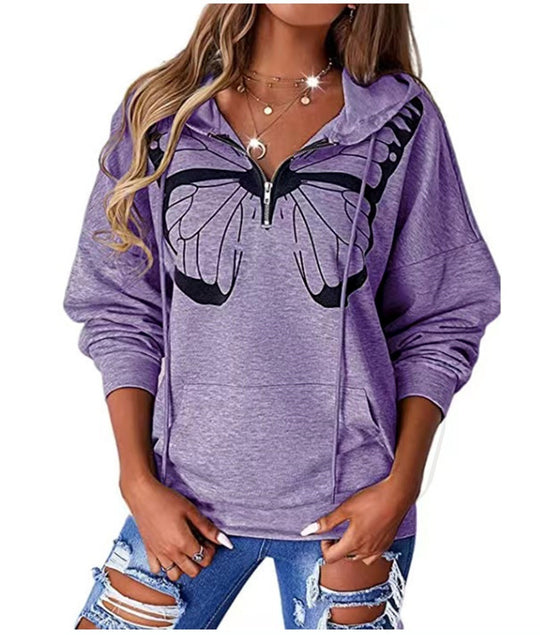 Damen lässiger Kapuzenpullover mit Schmetterlingsdruck und Halber Reißverschluss R&B