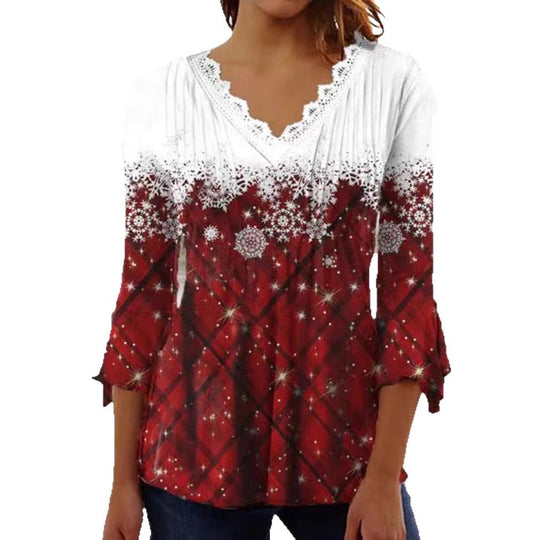 Damen Blusenshirt mit elegantem Spitzenhals und festlichem Karomuster Heidi-Mode
