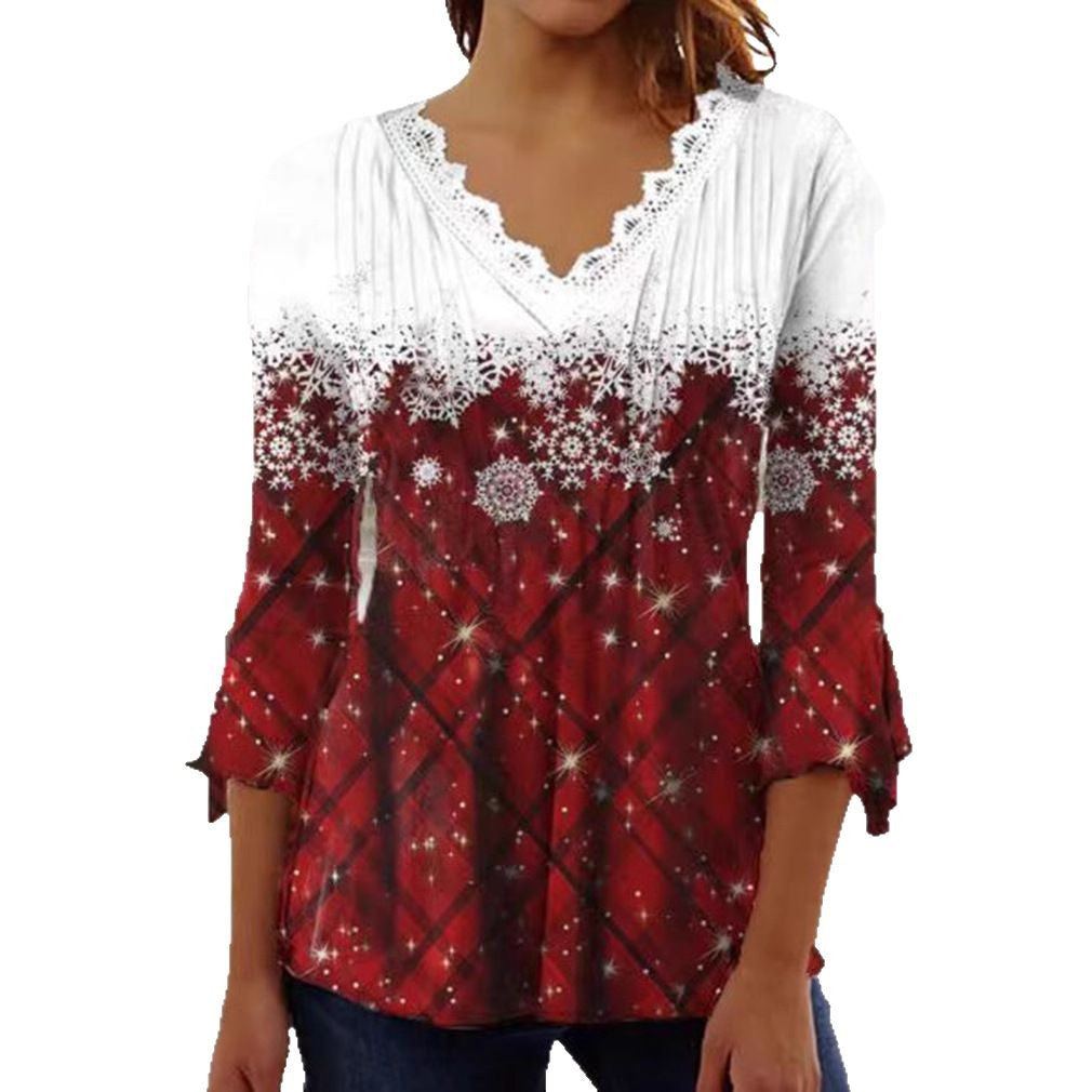 Damen nan Tunika-Bluse mit Spitzen-V-Ausschnitt, feiner Plissee-Passe und winterlichem Schneeflocken-Print R&B