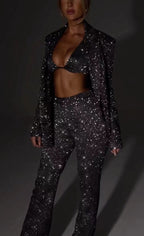 Damen Glitzerndes Anzugset mit Crop-Top und Flared Pants
