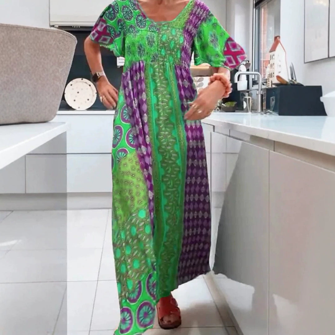 Damen nan Boho Maxikleid mit gesmoktem Oberteil und weitem Fließrock R&B