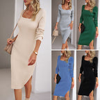 Damen Figurbetontes Strickkleid mit Rundhalsausschnitt und langen Ärmeln R&B