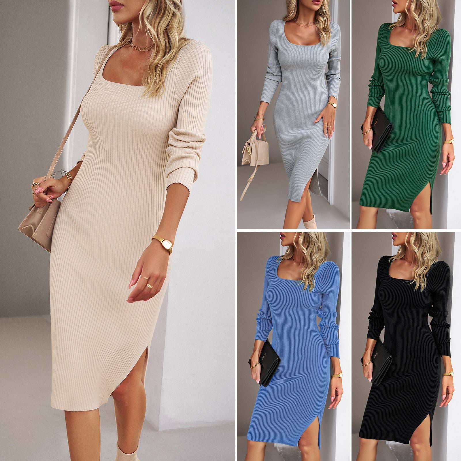 Damen Figurbetontes Strickkleid mit Rundhalsausschnitt und langen Ärmeln R&B