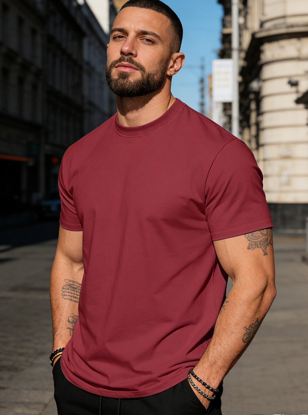 Herren nan körperbetontes hochwertiges Baumwollshirt mit Rundhalsausschnitt R&B