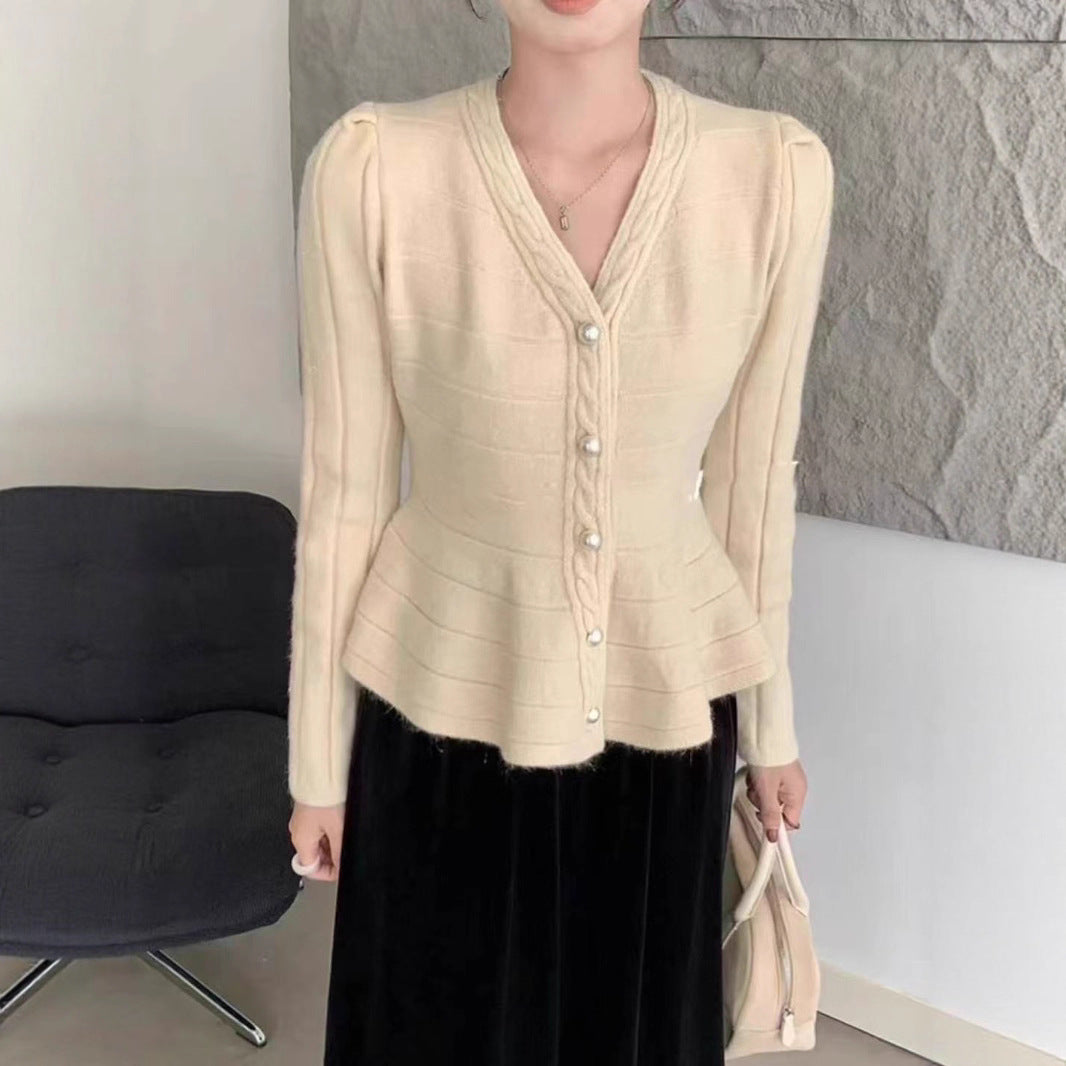 Damen elegante Strickjacke mit strukturiertem Design und femininen Puffärmeln R&B