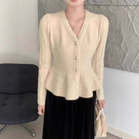 Damen elegante Strickjacke mit strukturiertem Design und femininen Puffärmeln R&B