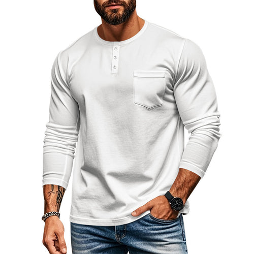Herren langärmliges Henley-Shirt mit strukturierter Baumwolloberfläche und Brusttasche R&B