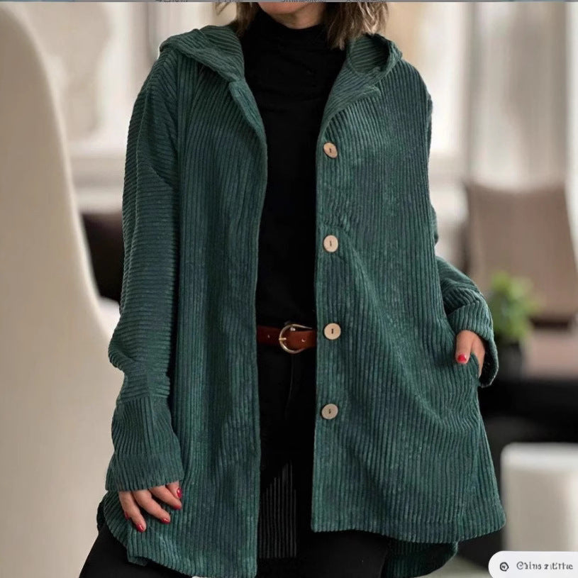 Damen Kapuzenjacke aus Rippstoff mit Holzknöpfen und Freizeit-Schnitt R&B