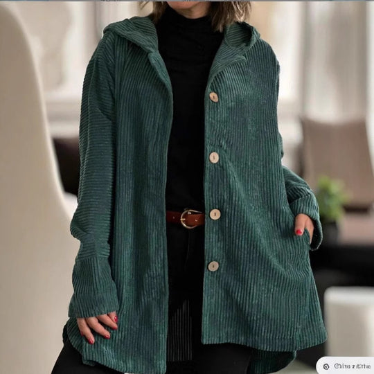 Damen Kapuzenjacke aus Rippstoff mit Holzknöpfen und Freizeit-Schnitt R&B