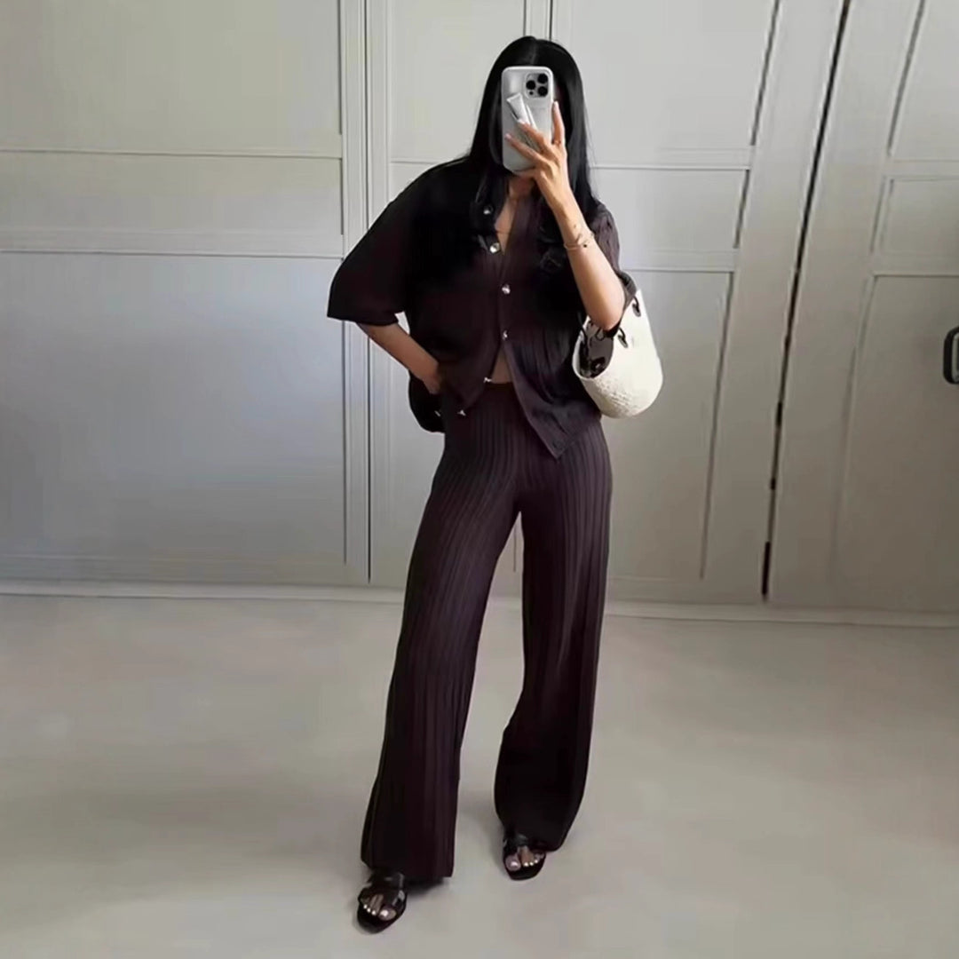 Damen Weite Strickpalazzo-Hose mit Elastischem Bund und Eleganter Struktur R&B