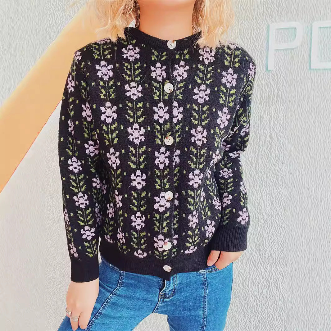 Damen Strickjacke mit floralem Muster und durchgehender Knopfleiste R&B