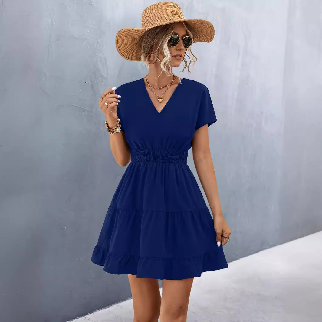 Damen V-Ausschnitt Freizeitkleid mit Rüschendetails und elastischem Bund R&B