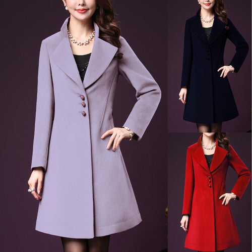 Damen klassischer, taillierter Wollmantel mit elegantem Revers R&B