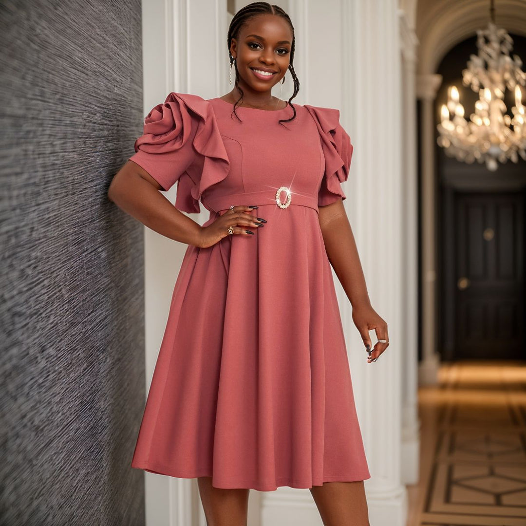 Damen Elegantes Midi-Kleid mit voluminösen Rüschenärmeln und funkelndem Schmuckdetail R&B
