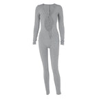 Damen Figurbetonter Langarm-Jumpsuit mit herzförmigem Ausschnitt und schnürbarem Detail R&B