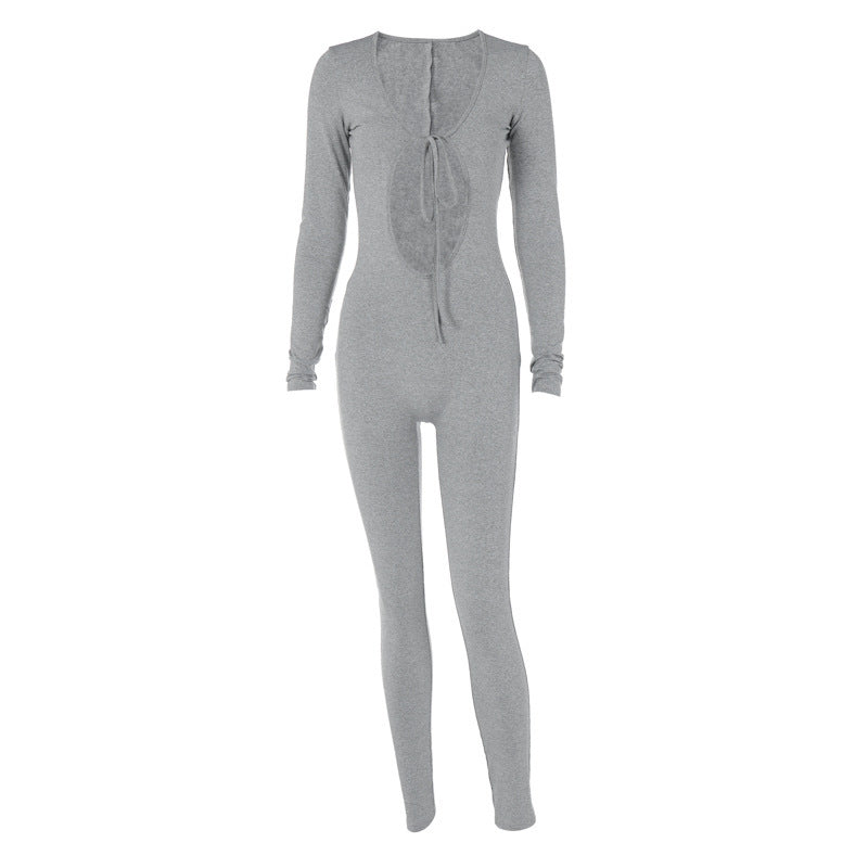 Damen Figurbetonter Langarm-Jumpsuit mit herzförmigem Ausschnitt und schnürbarem Detail R&B