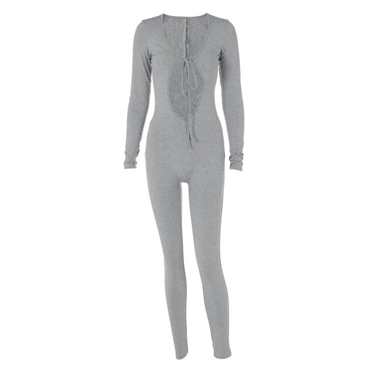 Damen Figurbetonter Langarm-Jumpsuit mit herzförmigem Ausschnitt und schnürbarem Detail R&B