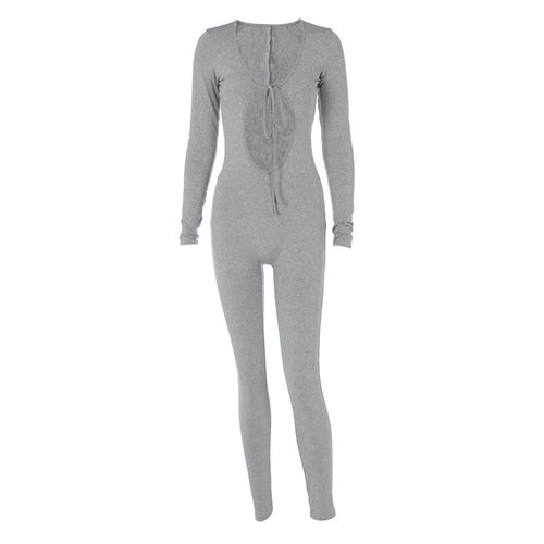 Damen Figurbetonter Langarm-Jumpsuit mit herzförmigem Ausschnitt und schnürbarem Detail R&B