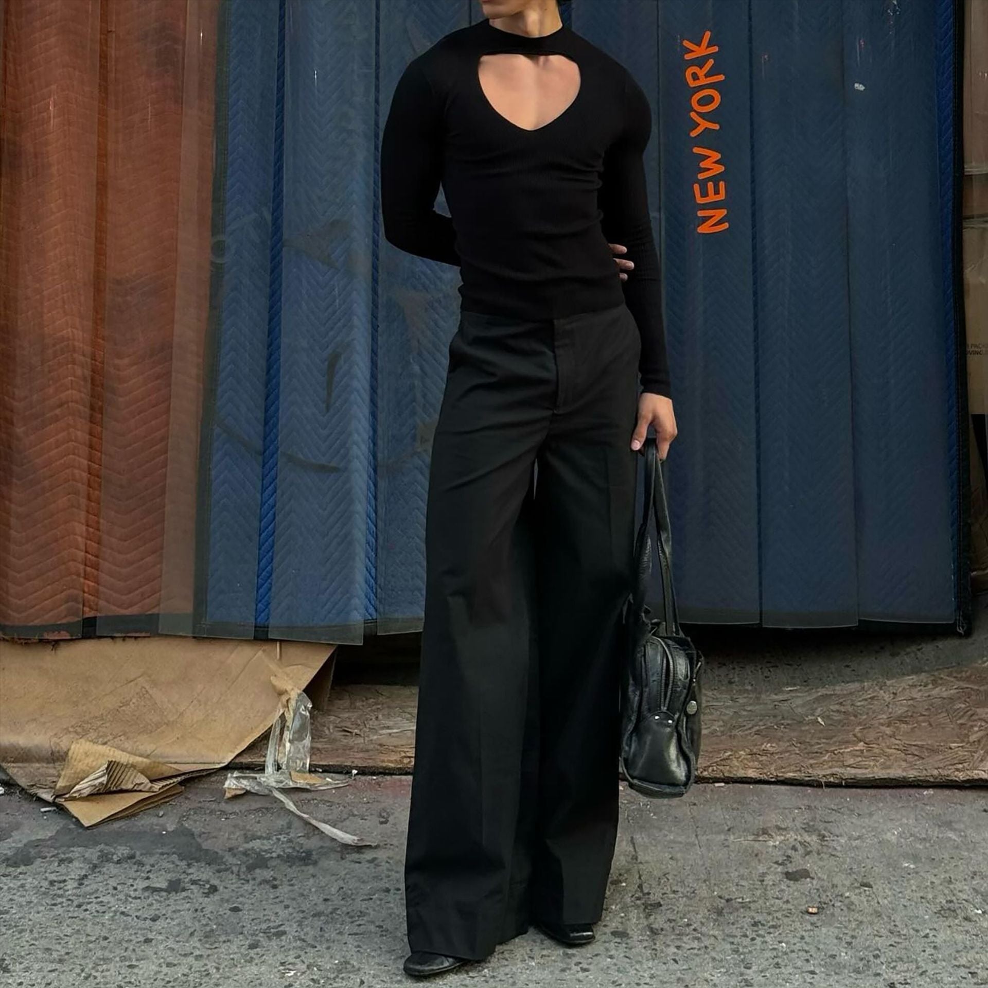 Damen nan figurbetontes Langarm-Top mit Cut-Out und Stehkragen R&B