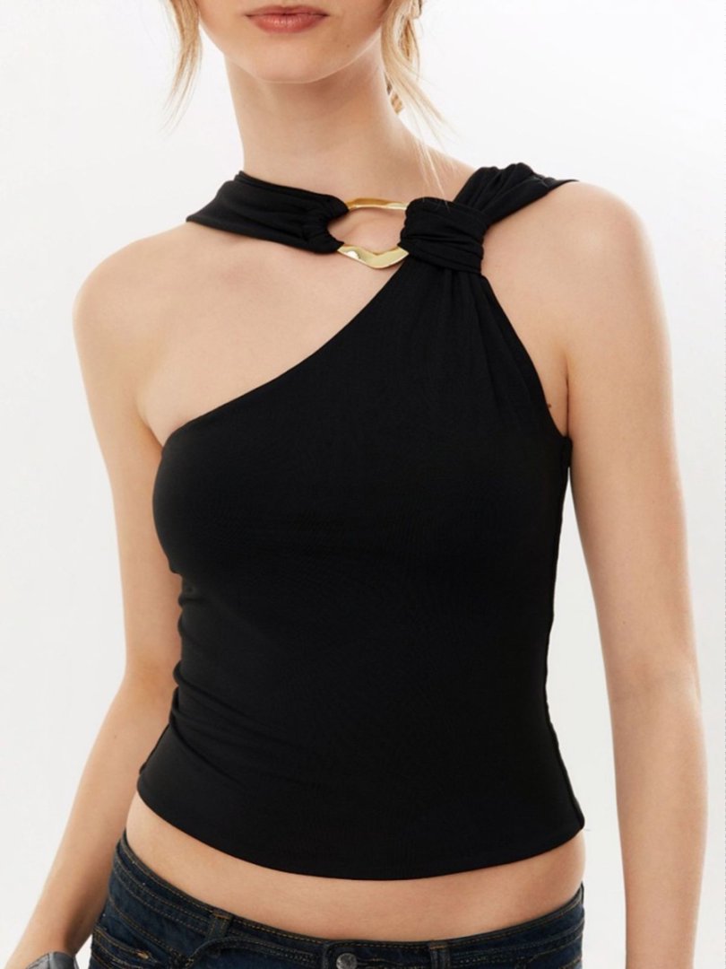 Damen Elegante asymmetrische Bluse mit goldener Schnalle R&B
