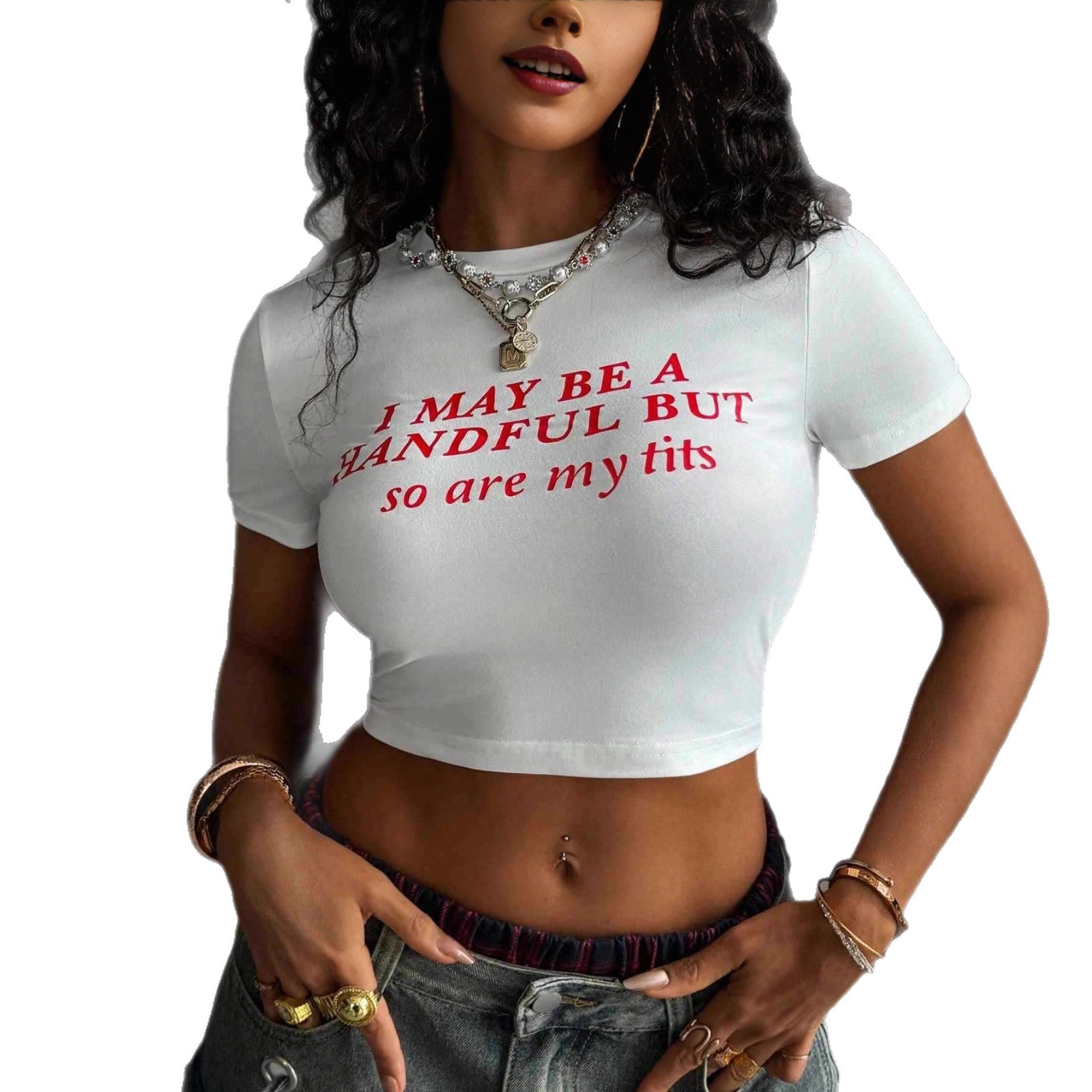 Damen Crop-T-Shirt mit kreativem schriftlichem Design und figurbetontem Schnitt R&B