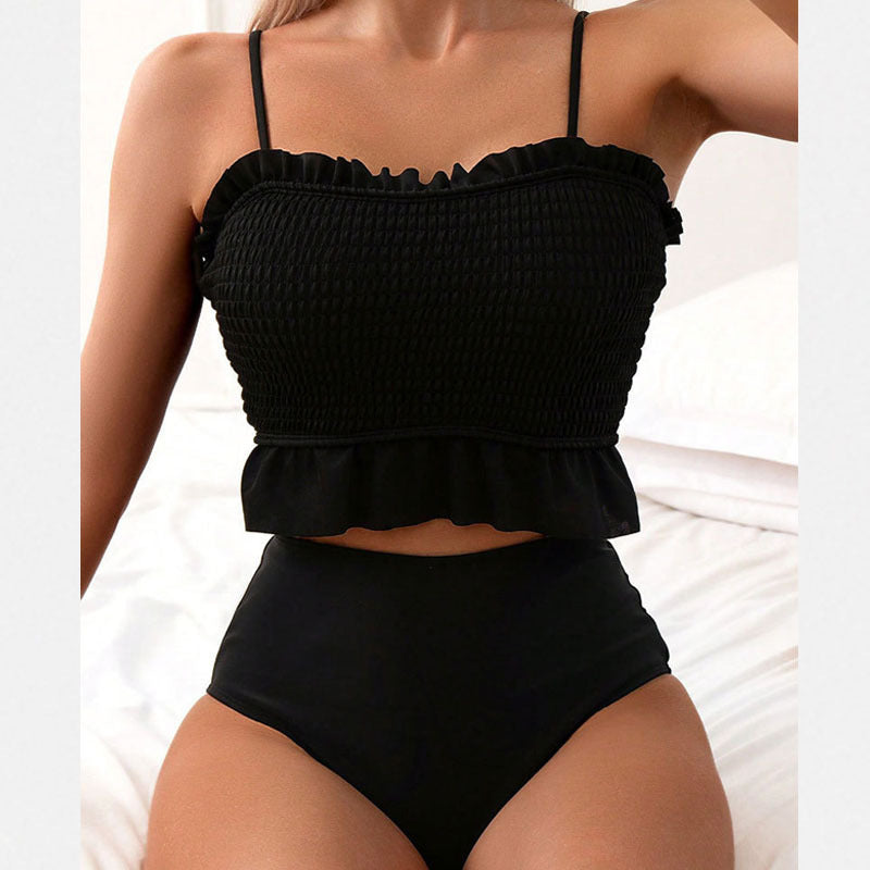 Damen Bikini-Set mit gerafftem Oberteil und hoch geschnittenem Unterteil R&B