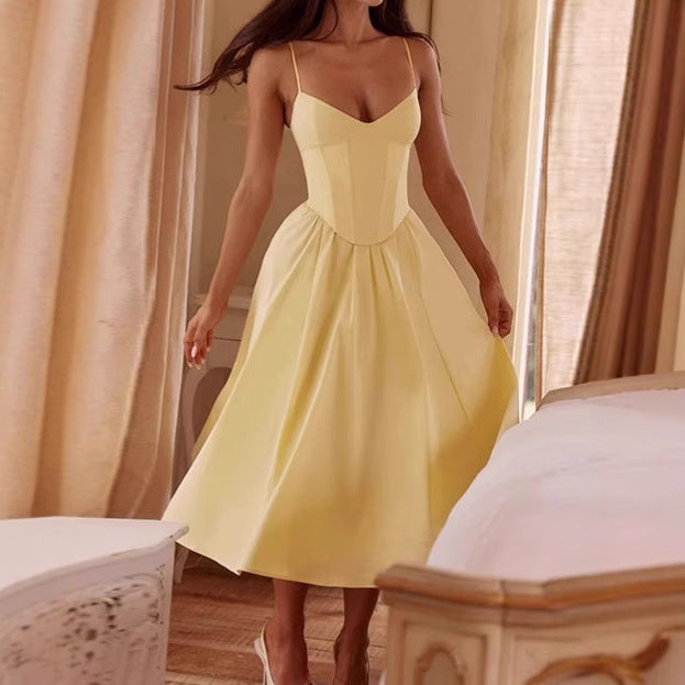 Damen Elegantes A-Linien Midi-Kleid mit Spaghettiträgern und weichem Stoff R&B