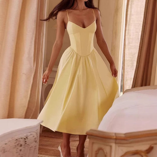 Damen Elegantes A-Linien Midi-Kleid mit Spaghettiträgern und weichem Stoff R&B