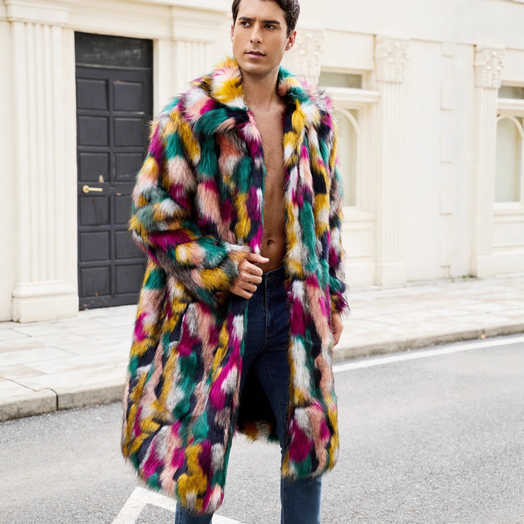 Herren Luxuriöser Kunstpelzmantel mit farbenfrohem Design R&B