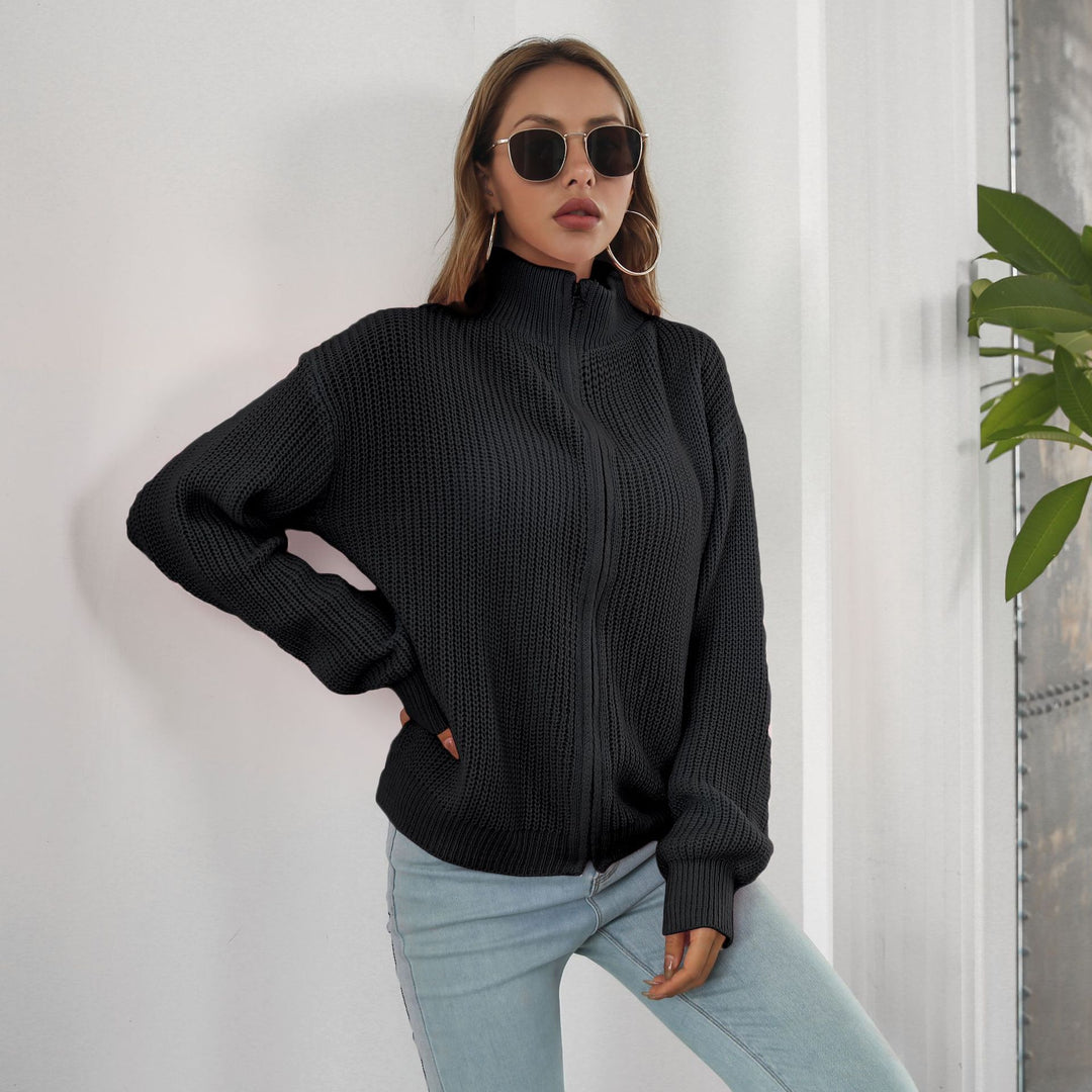 Damen lässiger Strickpulli mit hohem Kragen und Reißverschluss R&B