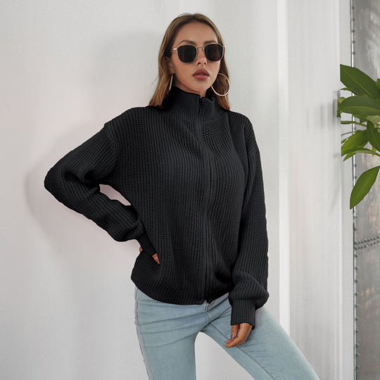 Damen lässiger Strickpulli mit hohem Kragen und Reißverschluss R&B