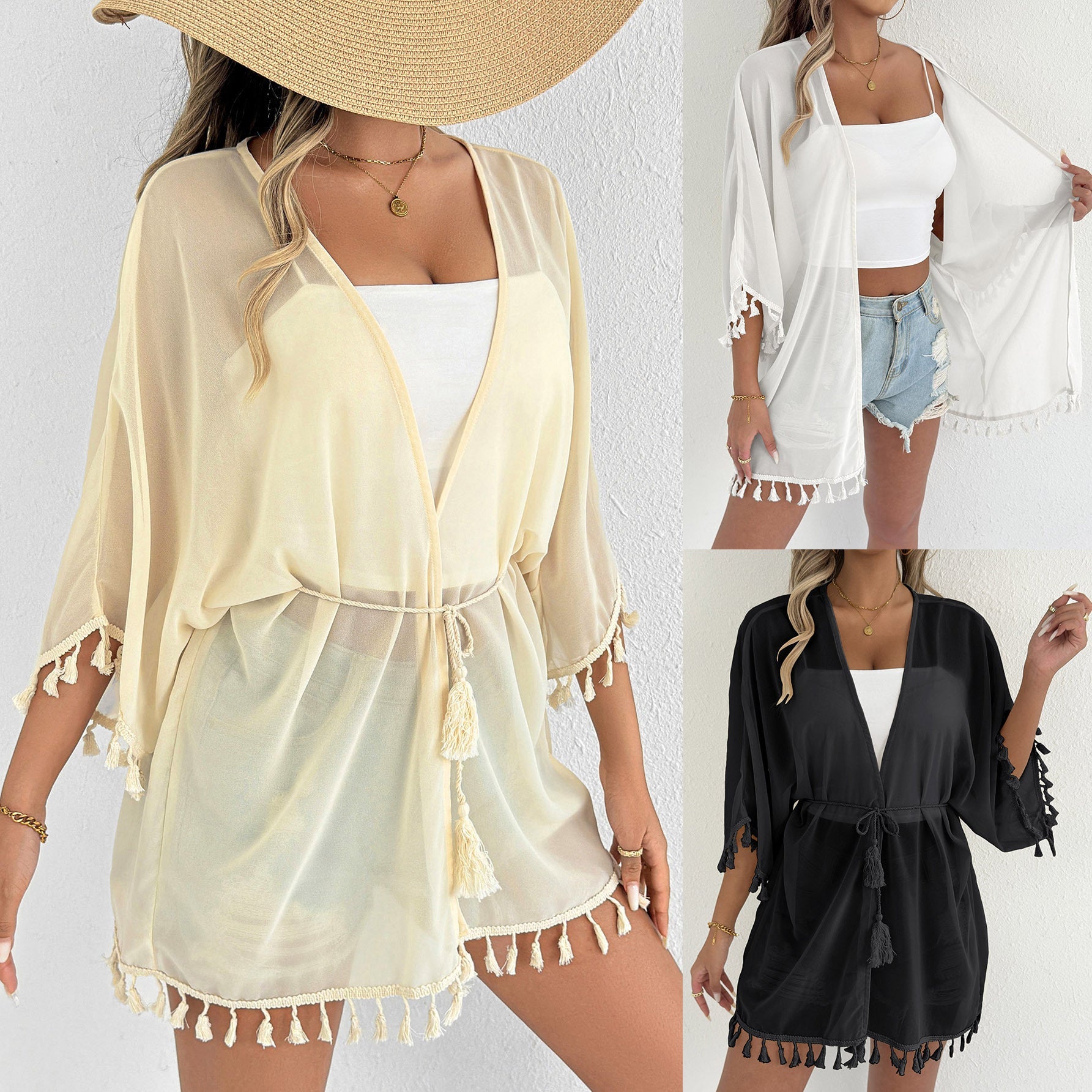 Damen eleganter Strandponcho mit Quasten R&B