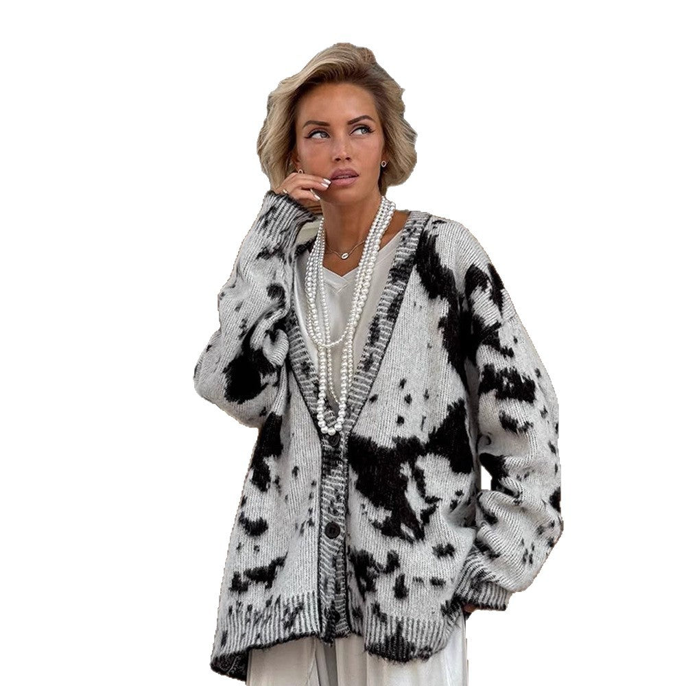Damen lässiger Cardigan mit modischem Fleckenmuster R&B