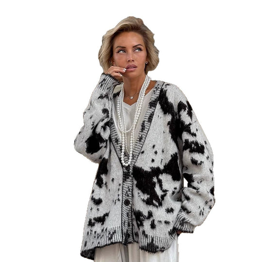 Damen lässiger Cardigan mit modischem Fleckenmuster R&B