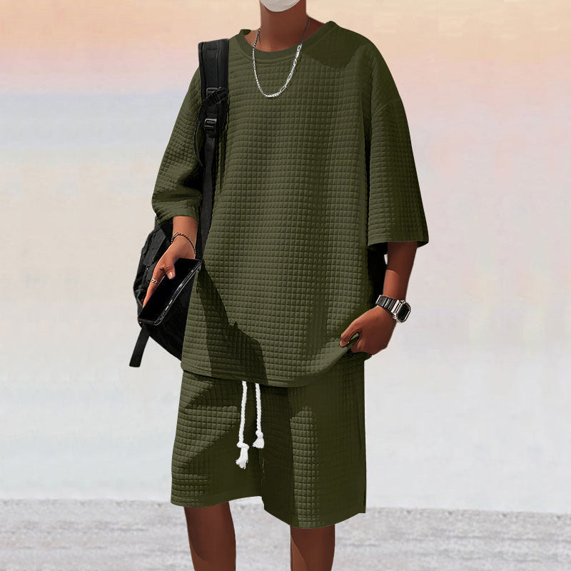 Herren nan quadratstruktur Freizeitset mit oversized Rundhalsshirt und knielangen Relax-Shorts R&B