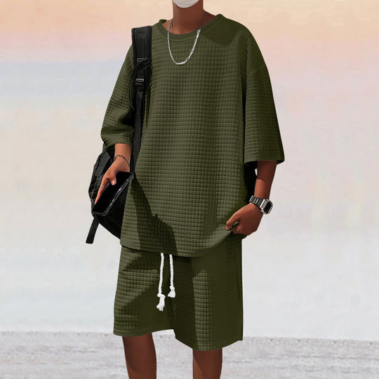 Herren nan quadratstruktur Freizeitset mit oversized Rundhalsshirt und knielangen Relax-Shorts R&B