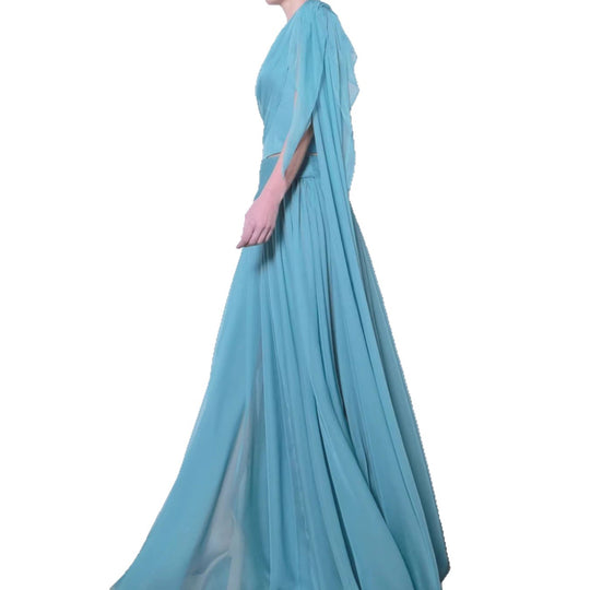 Damen Maxi-Kleid mit asymmetrischem Ausschnitt und fließendem Stoff R&B