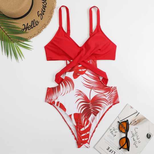 Damen Einteiler Badeanzug mit modischem Cut-Out und tropischem Blattmuster R&B