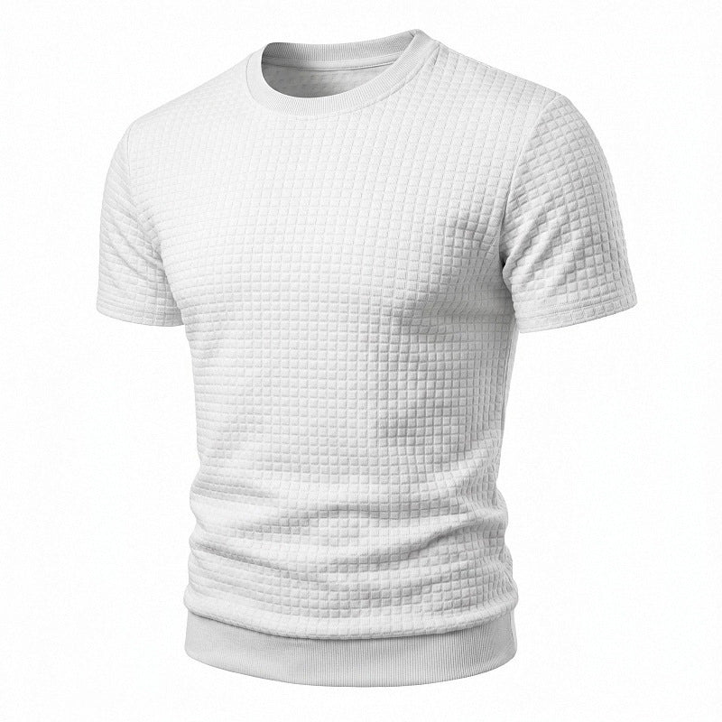Herren nan kurzärmeliges Strickshirt mit geprägter Karostruktur, Rundhalsausschnitt und geripptem Saum R&B