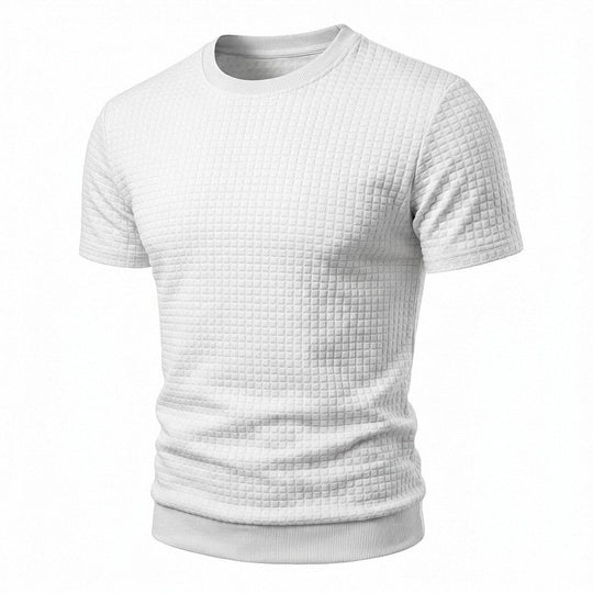 Herren nan kurzärmeliges Strickshirt mit geprägter Karostruktur, Rundhalsausschnitt und geripptem Saum R&B