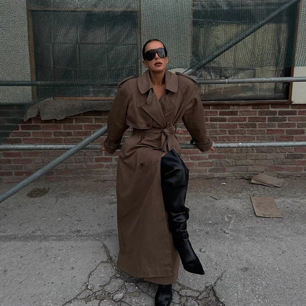 Damen eleganter Trenchcoat mit Taillengürtel und hochgeschlossenem Kragen R&B